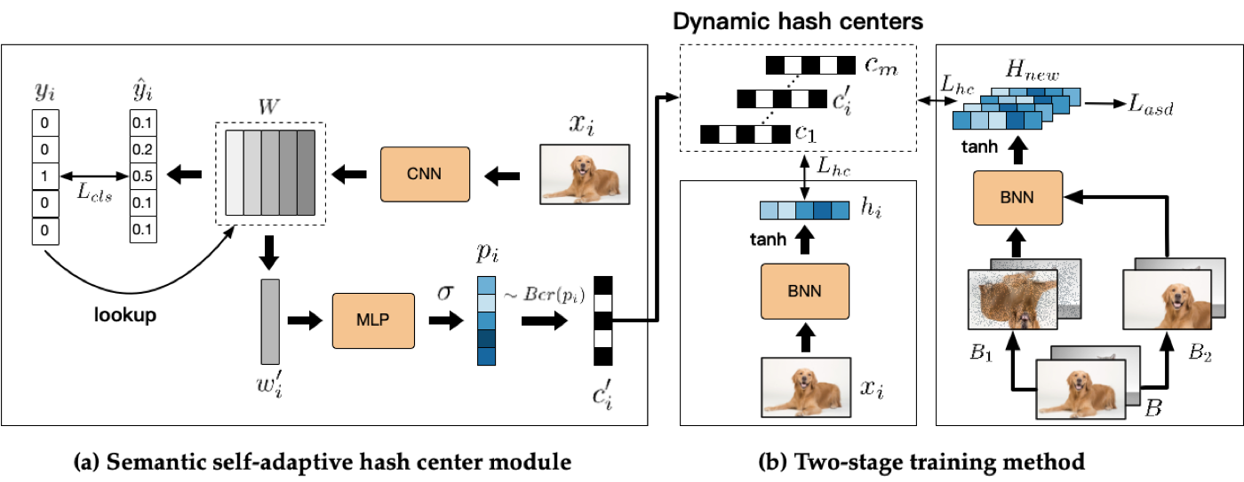 One-bit Deep Hashing architecture with adaptive hash centers and two-stage training